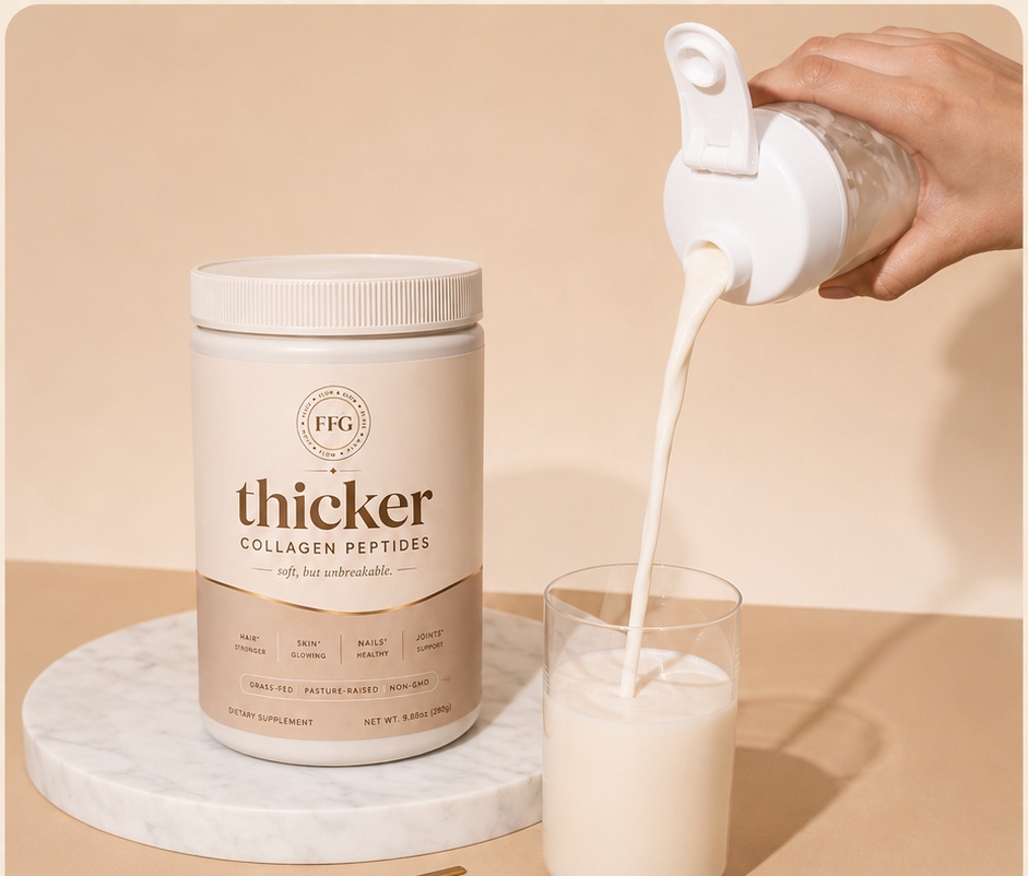 THICKER collagen peptides being poured into a glass